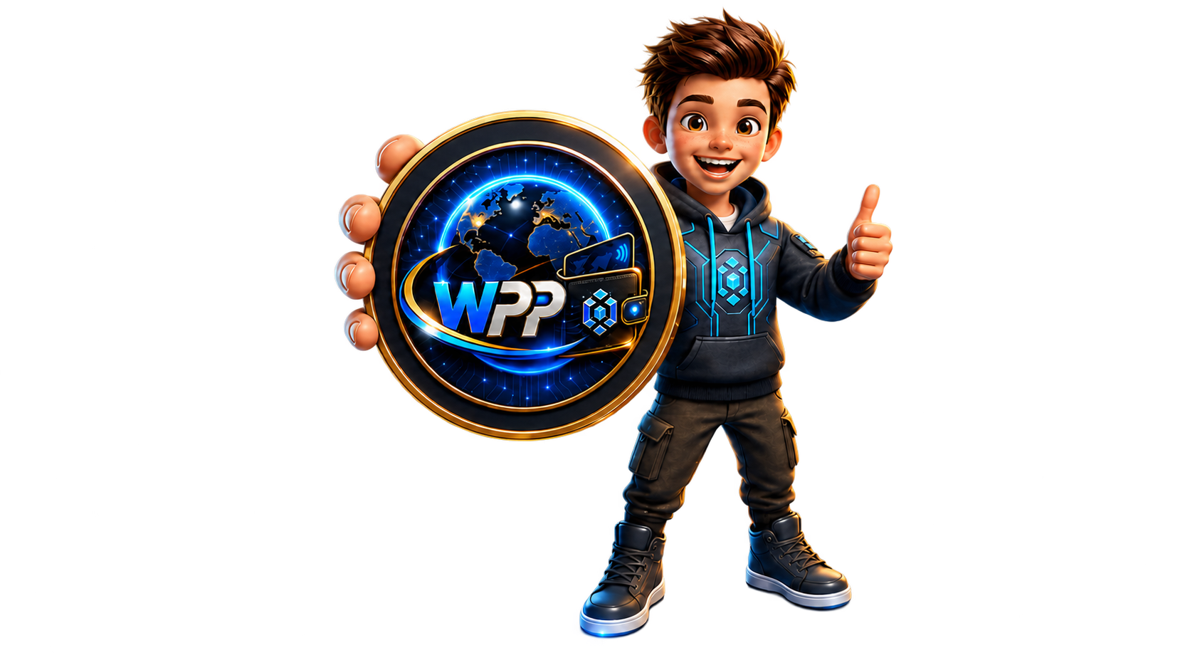 Cheerful World Pocket Pay mascot holding a glowing WPP coin